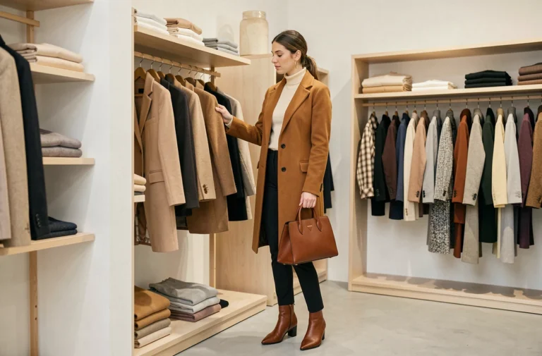 Femme élégante en manteau camel dans une boutique de mode parisienne minimaliste, illustrant les tendances vestimentaires de la saison
