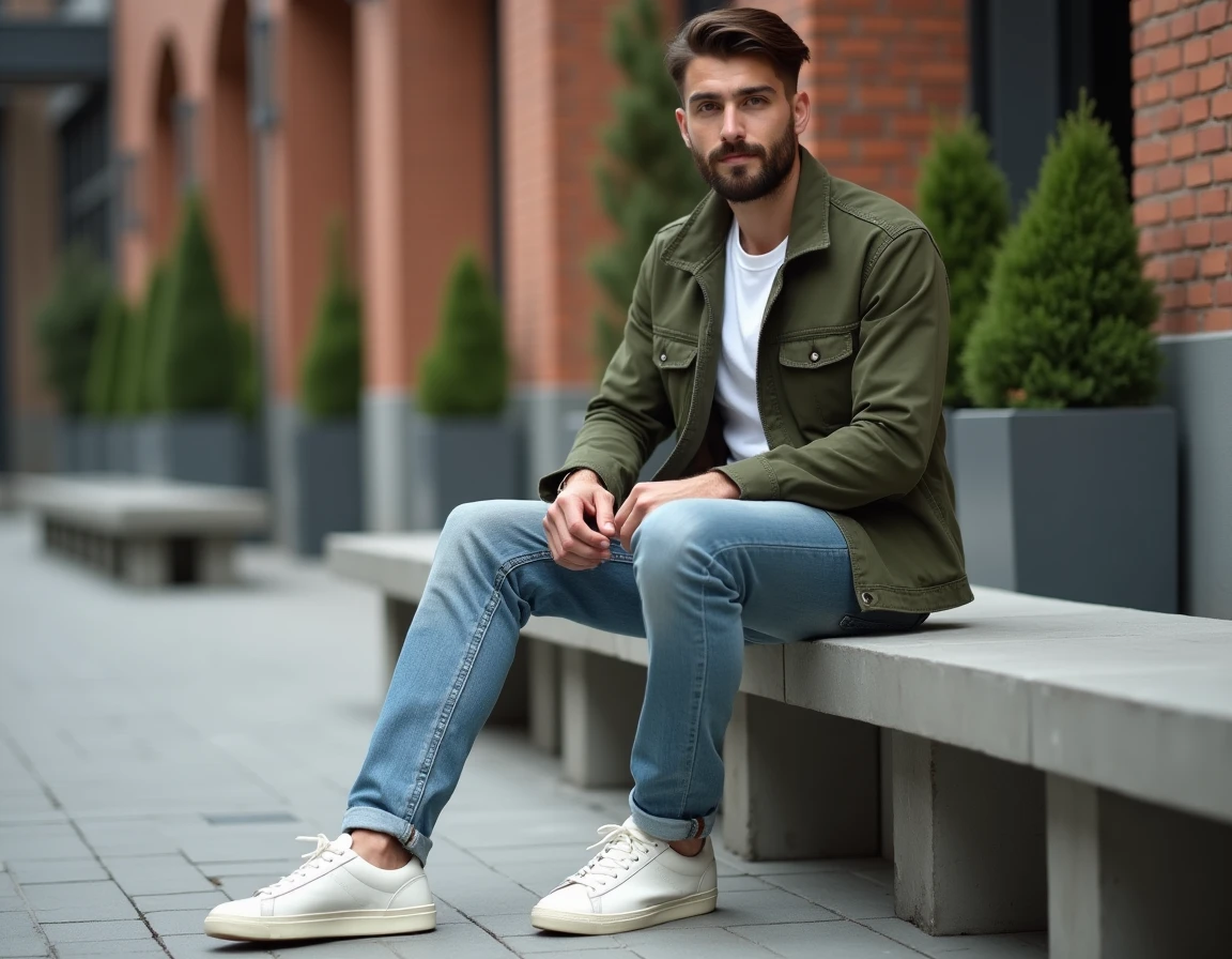 Homme en veste chore olive et jean clair assis dans un espace urbain, représentant le style streetwear tendance pour la saison