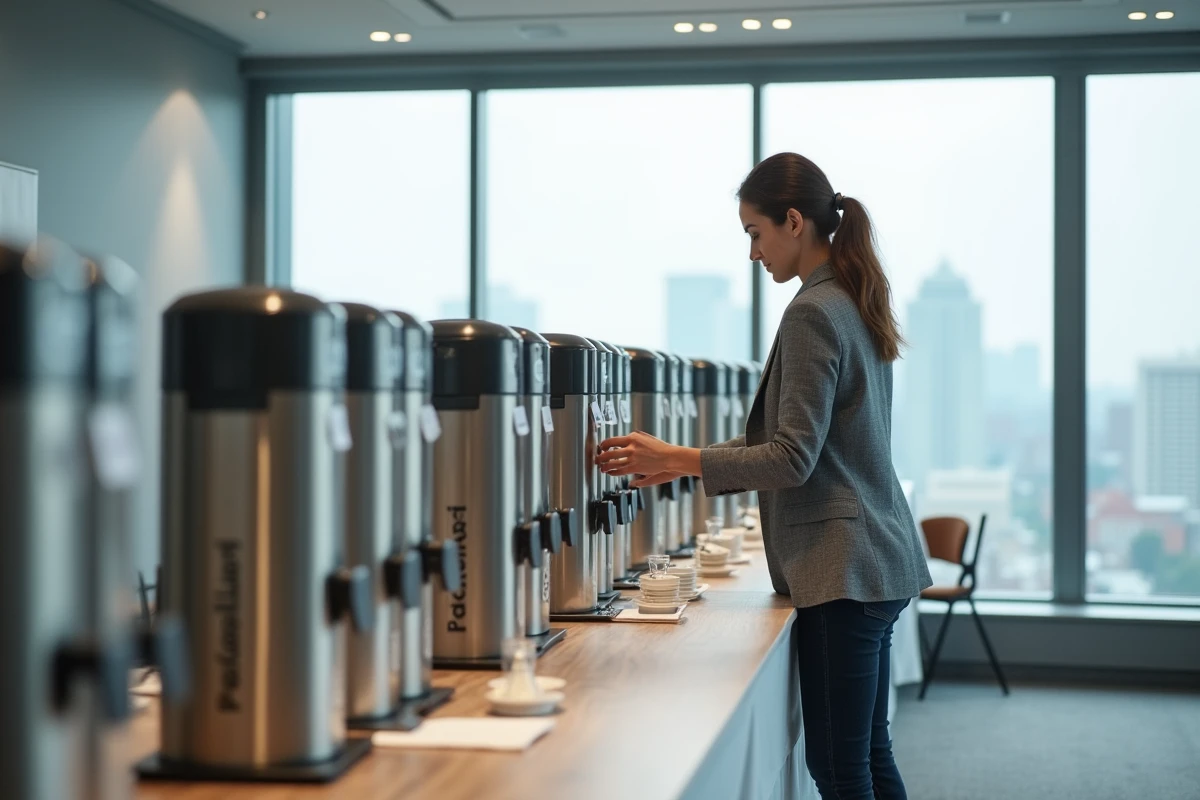 Femme organisant une rangée de thermos à café pour servir un groupe de 30 personnes lors d'un événement professionnel en salle de conférence