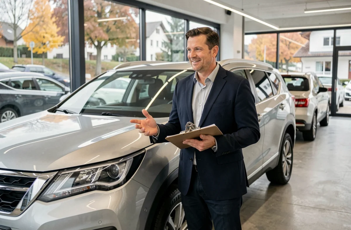 Vendeur professionnel de véhicules d'occasion présentant un SUV dans un showroom automobile suisse
