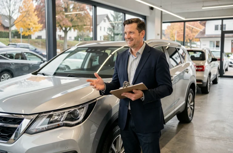 Vendeur professionnel de véhicules d'occasion présentant un SUV dans un showroom automobile suisse